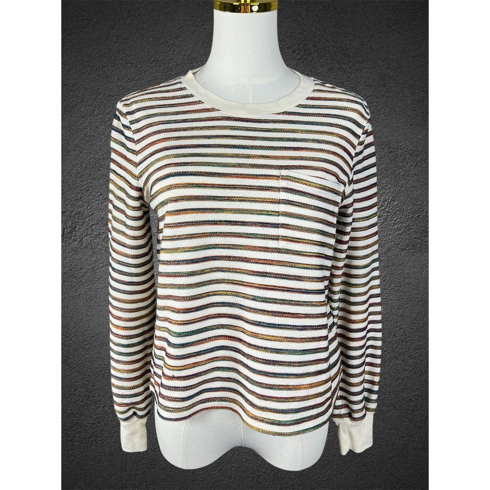 Madewell Womens XS Multi Color Striped Long Sleeve Pocket Tee Crewneck Ivory A34